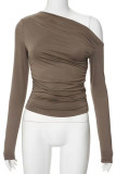Casual Simplicity Solid Fold Oblique Collar Tops
