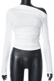 Casual Simplicity Solid Fold Oblique Collar Tops