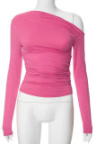 Casual Simplicity Solid Fold Oblique Collar Tops