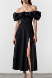 Elegant Solid Frenulum Slit Off the Shoulder Irregular Dress Dresses