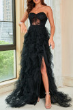 Elegant Formal Solid Slit Mesh Strapless Evening Dress Dresses