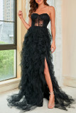 Elegant Formal Solid Slit Mesh Strapless Evening Dress Dresses