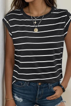 Casual Striped Print Buttons O Neck T-Shirts