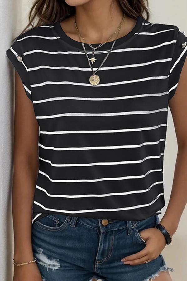 Casual Striped Print Buttons O Neck T-Shirts