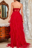 Elegant Formal Solid Slit Mesh Strapless Evening Dress Dresses
