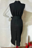 Elegant Solid Slit With Belt Half A Turtleneck One Step Skirt Dresses