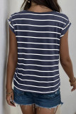 Casual Striped Print Buttons O Neck T-Shirts
