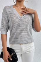 Casual Solid Hollowed Out Buttons V Neck T-Shirts