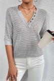 Casual Solid Hollowed Out Buttons V Neck T-Shirts