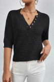 Casual Solid Hollowed Out Buttons V Neck T-Shirts