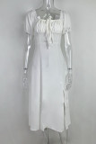 Elegant Solid Frenulum Slit Off the Shoulder Irregular Dress Dresses