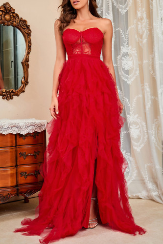 Elegant Formal Solid Slit Mesh Strapless Evening Dress Dresses