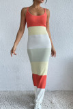 Sexy Color Block Slit Contrast U Neck Sling Dress Dresses