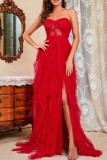 Elegant Formal Solid Slit Mesh Strapless Evening Dress Dresses