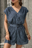 Casual Vintage Geometric Print Fold With Belt V Neck Loose Rompers