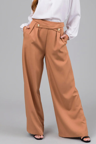 British Style Elegant Solid Buttons Loose Mid Waist Straight Solid Color Bottoms