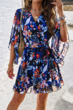 Elegant Print Flowers Frenulum V Neck Princess Dresses
