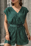 Casual Vintage Geometric Print Fold With Belt V Neck Loose Rompers