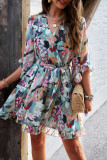 Elegant Print Flowers Frenulum V Neck Princess Dresses