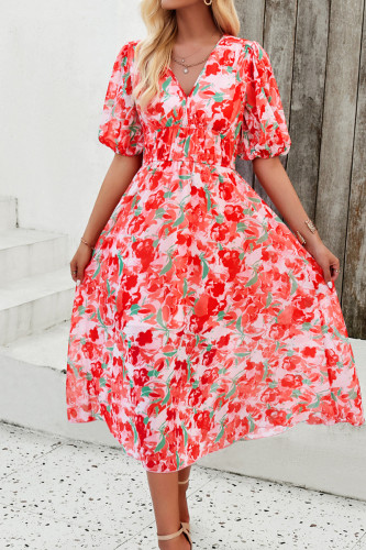 Elegant Vacation Print Flowers V Neck A Line Dresses