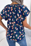 Elegant Print Flowers Frenulum Flounce O Neck Tops