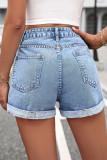 Casual Solid Heart Shaped Embroidered Pocket Denim Shorts