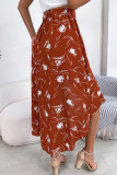 Elegant Print Flowers Flounce Asymmetrical High Waist Type A Full Print Bottoms