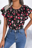 Elegant Print Flowers Frenulum Flounce O Neck Tops
