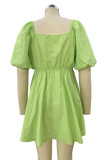 Sexy Solid Fold Square Collar A Line Short Sleeve Dress