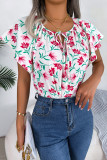 Elegant Print Flowers Frenulum Flounce O Neck Tops