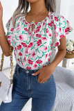 Elegant Print Flowers Frenulum Flounce O Neck Tops