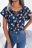 Elegant Print Flowers Frenulum Flounce O Neck Tops