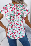 Elegant Print Flowers Frenulum Flounce O Neck Tops