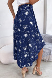 Elegant Print Flowers Flounce Asymmetrical High Waist Type A Full Print Bottoms