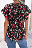 Elegant Print Flowers Frenulum Flounce O Neck Tops