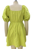 Sexy Solid Fold Square Collar A Line Short Sleeve Dress