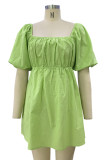 Sexy Solid Fold Square Collar A Line Short Sleeve Dress