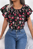 Elegant Print Flowers Frenulum Flounce O Neck Tops
