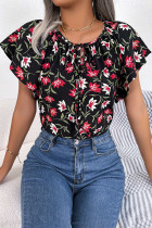 Elegant Print Flowers Frenulum Flounce O Neck Tops
