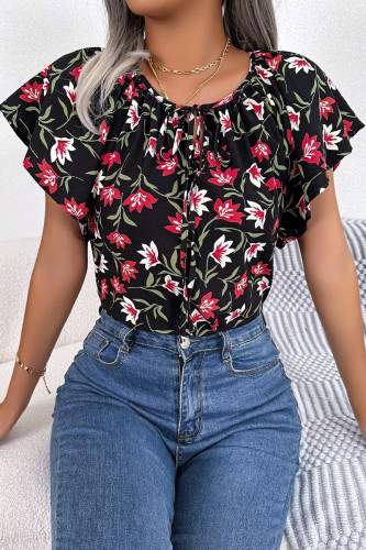Elegant Print Flowers Frenulum Flounce O Neck Tops