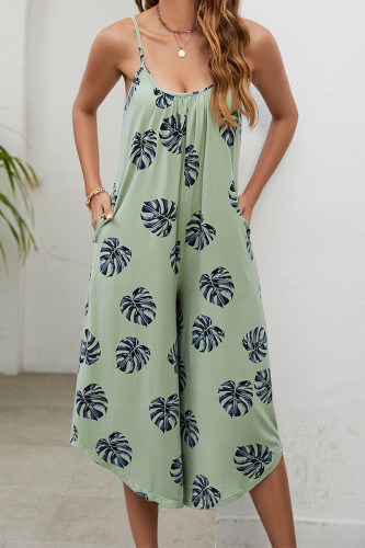 Casual Vintage Floral Pocket Asymmetrical U Neck Loose Jumpsuits