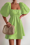 Sexy Solid Fold Square Collar A Line Short Sleeve Dress