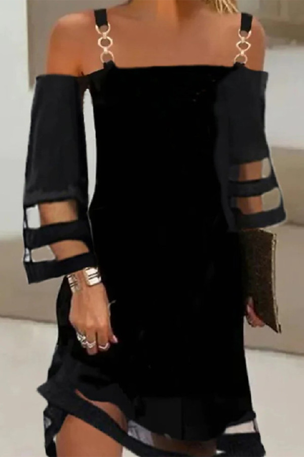 Casual Solid Metal Accessories Decoration Mesh Off the Shoulder A Line Dresses