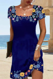 Casual Vintage Floral Square Collar Printed Dress Short Sleeve Dress