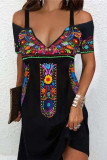 Sexy Bohemian Geometric Print Patchwork V Neck A Line Dresses