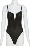 Sexy Solid Backless Sequined V Neck Regular Bodysuits