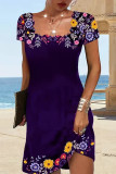 Casual Vintage Floral Square Collar Printed Dress Short Sleeve Dress