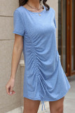 Casual Simplicity Solid Draw String O Neck A Line Short Sleeve Dress