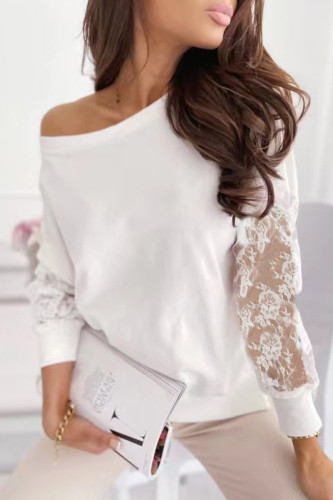 Sexy Solid Lace Oblique Collar Tops