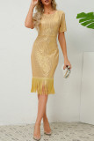 Party Celebrities Solid Tassel Sequins O Neck One Step Skirt Dresses